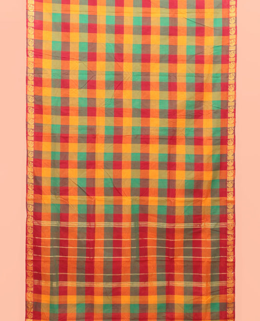 Multi-Color Palum Pazhamum Checked Nine-Yard Cotton Saree, Highlighted by a Zari Design Border, Subtly Striped Pallu, and Comes Without a Blouse