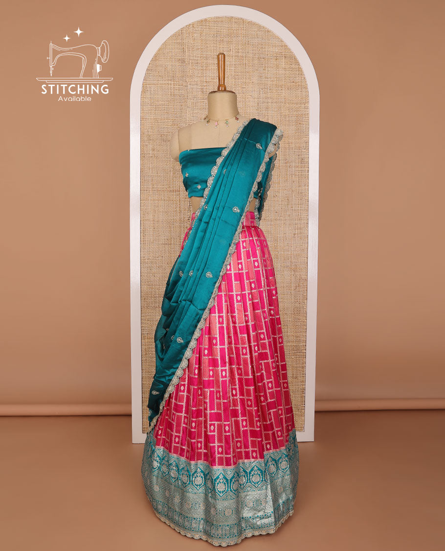 Dark pink geometric design banaras half saree with contrast intricate zari design border, embroidered blouse & floral embroidery dhavani