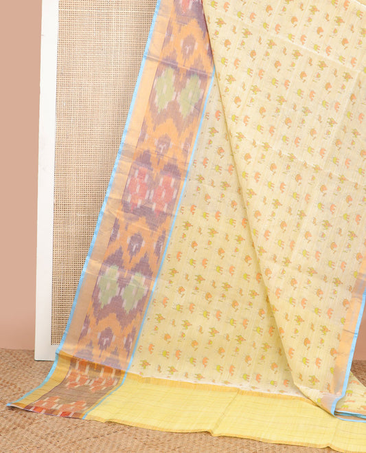 Lemon yellow camel motifs chirala cotton saree with contrast floral design border & striped pallu