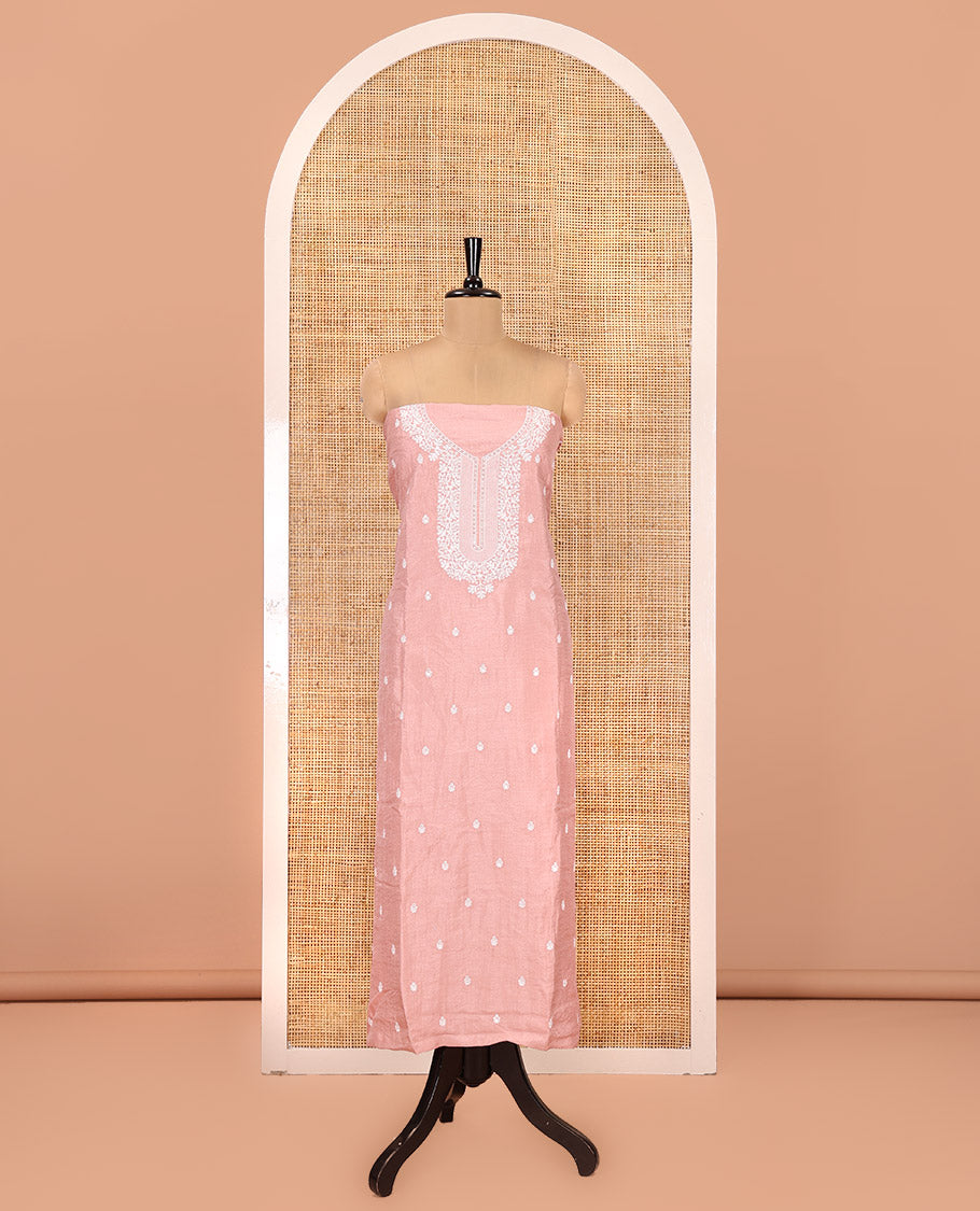 Peach Material Chudidar Set, Delicately Woven with Thread Embroidered Motifs Woven on Mul Chanderi Top, a Mul Chanderi Bottom, Paired with Thread-Embroidered Mul Chanderi Scallop-Bordered Dupatta