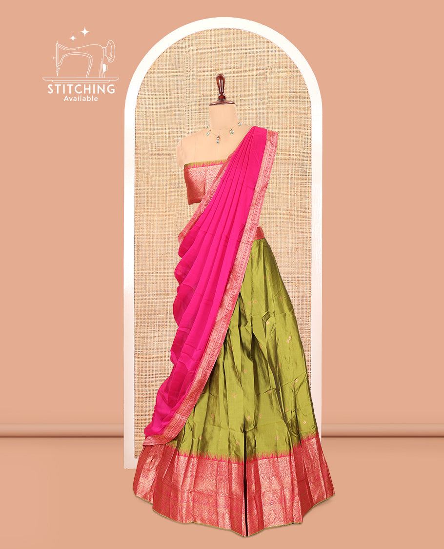 Parrot Green-Rani Pink Semi-Silk Half-Saree, Zari Buttas Skirt, Contrast Traditional Zari Border, a Matching Blouse, a Contrast Blouse