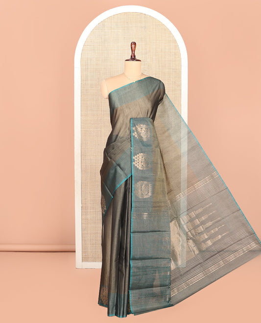 Brown Silk Saree, Subtly Woven with Buttas All Over Its Body,  Complemented by Peacock Charriot Motifs Woven Border, Temple Design Pallu and Paired with a Contrast Blouse