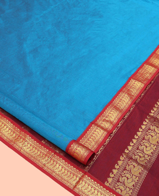Blue Plain Nine Yard Cotton Saree, Complemented by Contrast Traditional Zari Design Border, Pallu of Traditional Designs, and Comes Without a Blouse