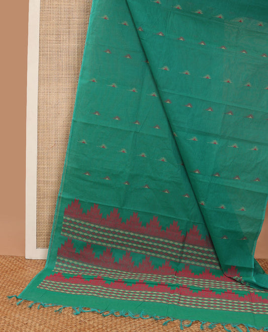 Borderless green geometric motifs coimbatore cotton saree with geometric design pallu