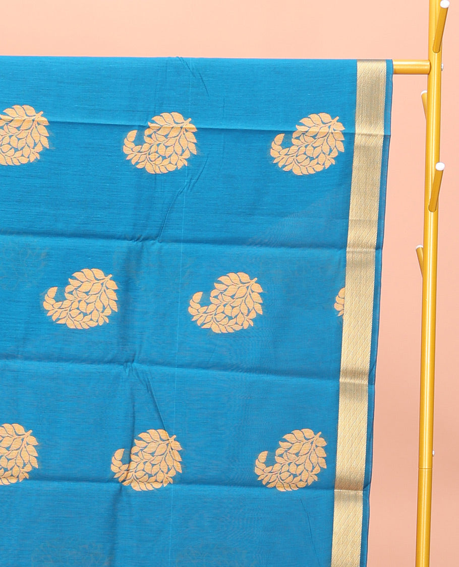 Light Blue Semi-Silk Cotton Saree, Mesmerized with Paisley Zari Buttas All Over Its Body, Highlighted by a Zari Border, Pallu of Floral and Paisley Design, and Paired with a Matching Blouse