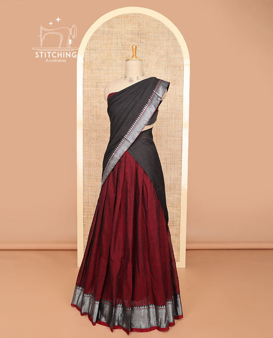 Maroon cotton half saree with self zari design border, zari design blouse & plain, temple, checked design border dhavani