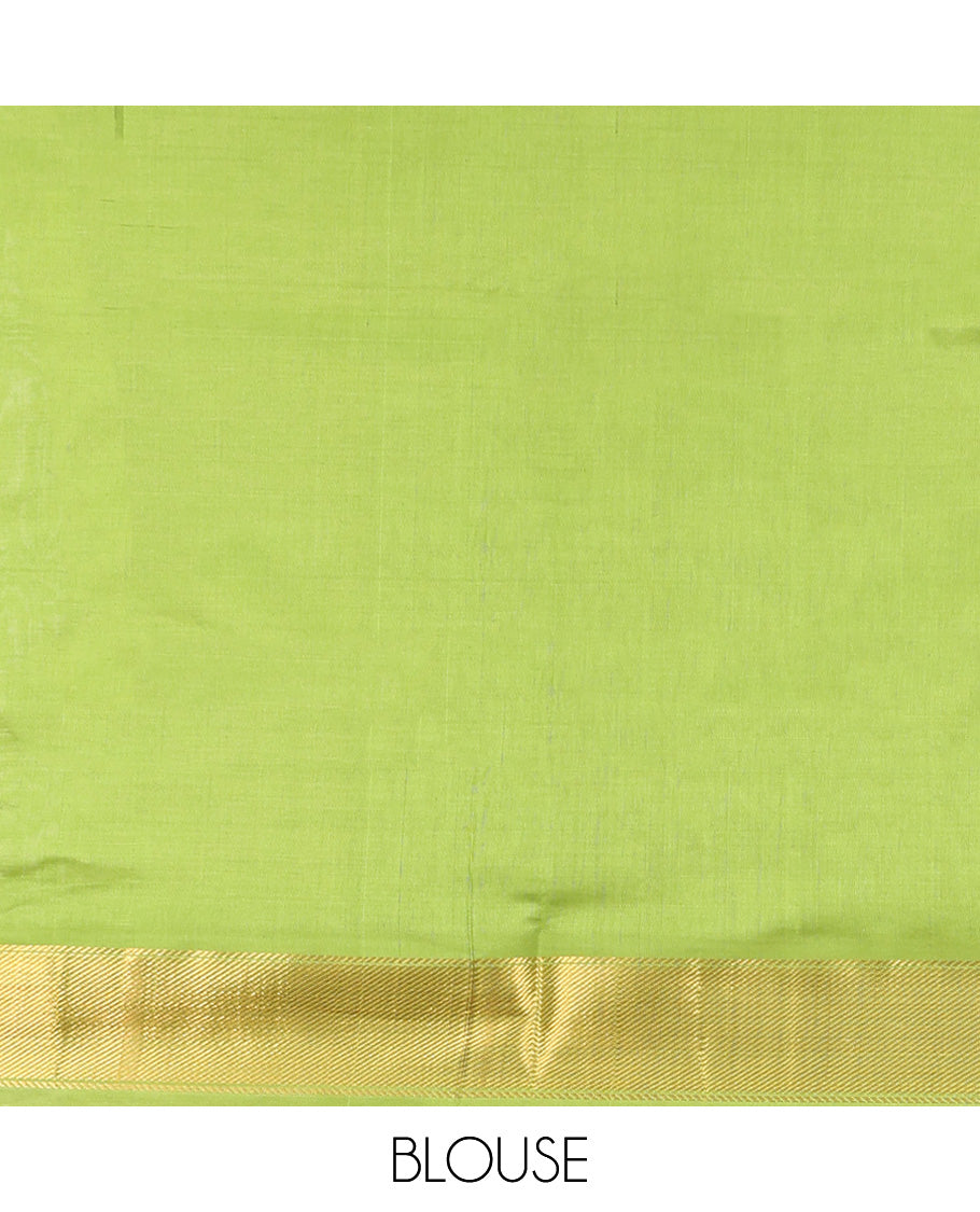 Lavender Poly Cotton Saree, Enthralled with Zari Buttas on Its Body, Complemented by Contrast Ganga-Jamuna Border, Chevron Striped Pallu, and Paired with a Contrast Blouse