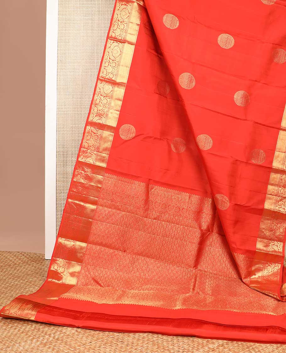 Red buttas kancheepuram silk saree with self border of rekku, banaras, kodi visiry design & jaal design pallu