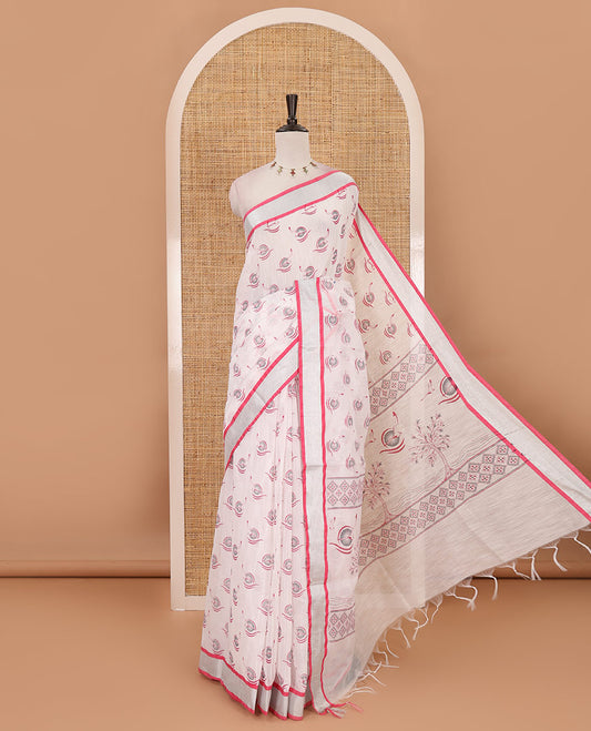White-pink flying bird motifs printed linen saree, silver bavanji border, printed pallu & plain blouse