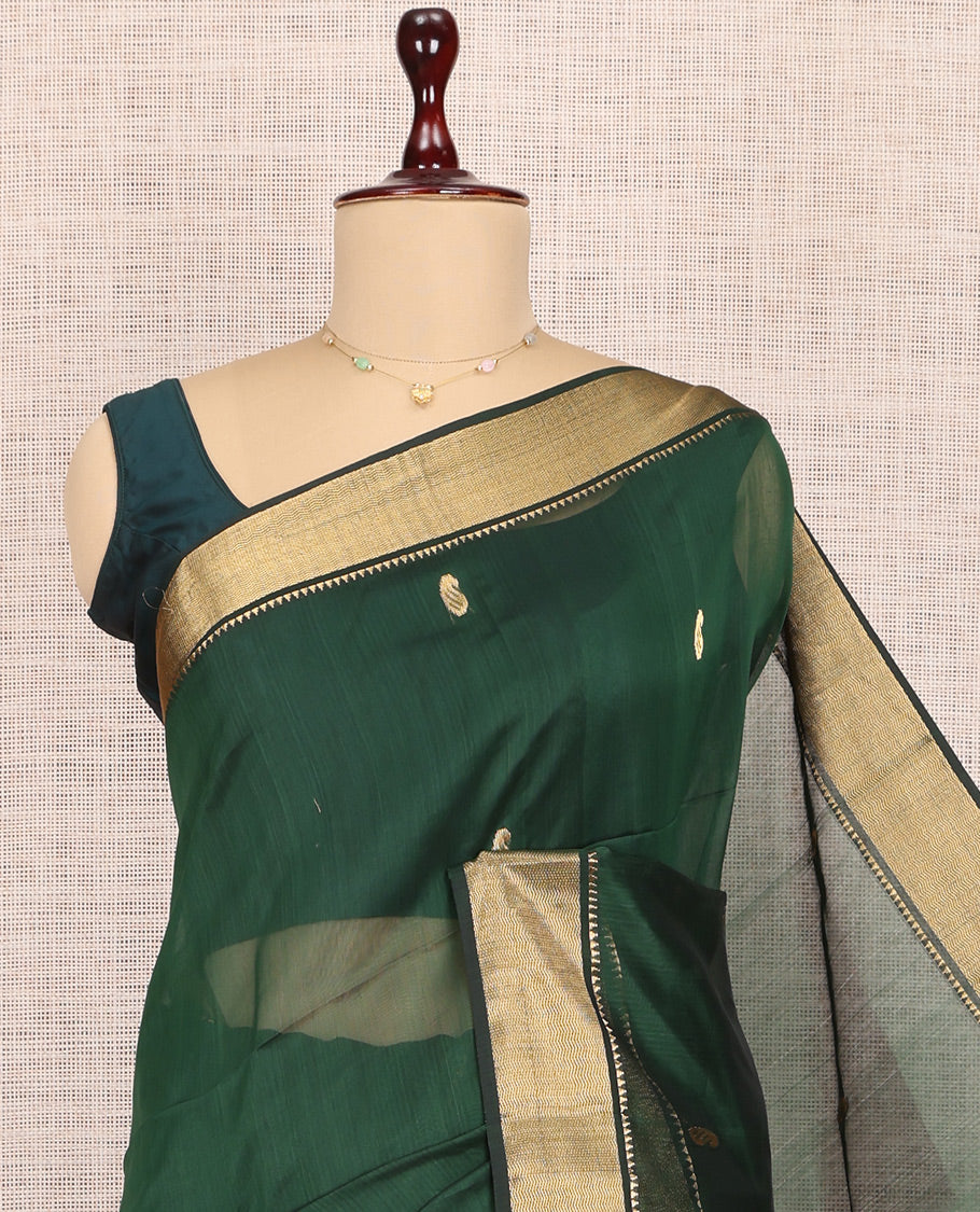 Green Maheshwari Cotton Saree, Elevated with Buttas, Highlighted by a Traditional Zari Border, Pallu of Paisleys, and a Matching Blouse
