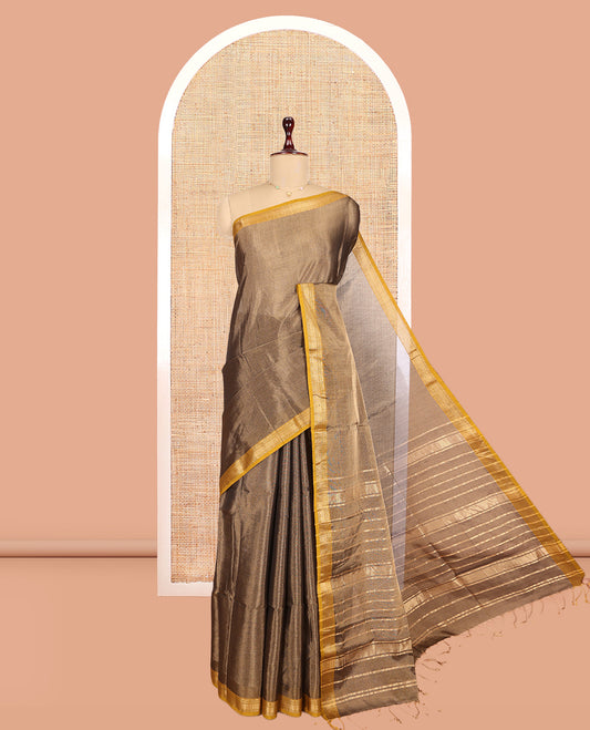 Brown Plain Maheshwari Cotton Saree, a Contrast Traditional Zari Border, Zari Striped Pallu, and a Matching Blouse