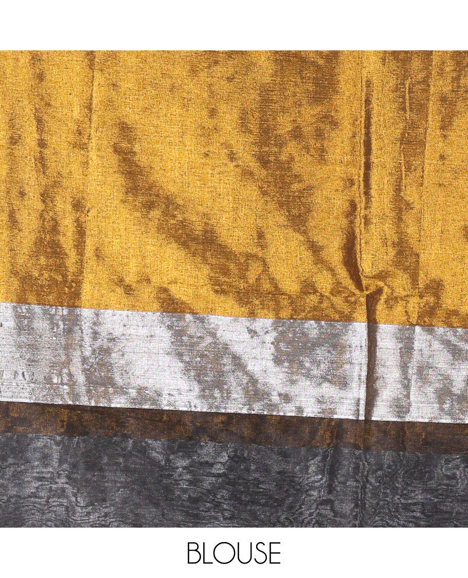 Gold plain khadi tissue cotton saree, golden and silver color plain border, plain pallu, and a matching blouse