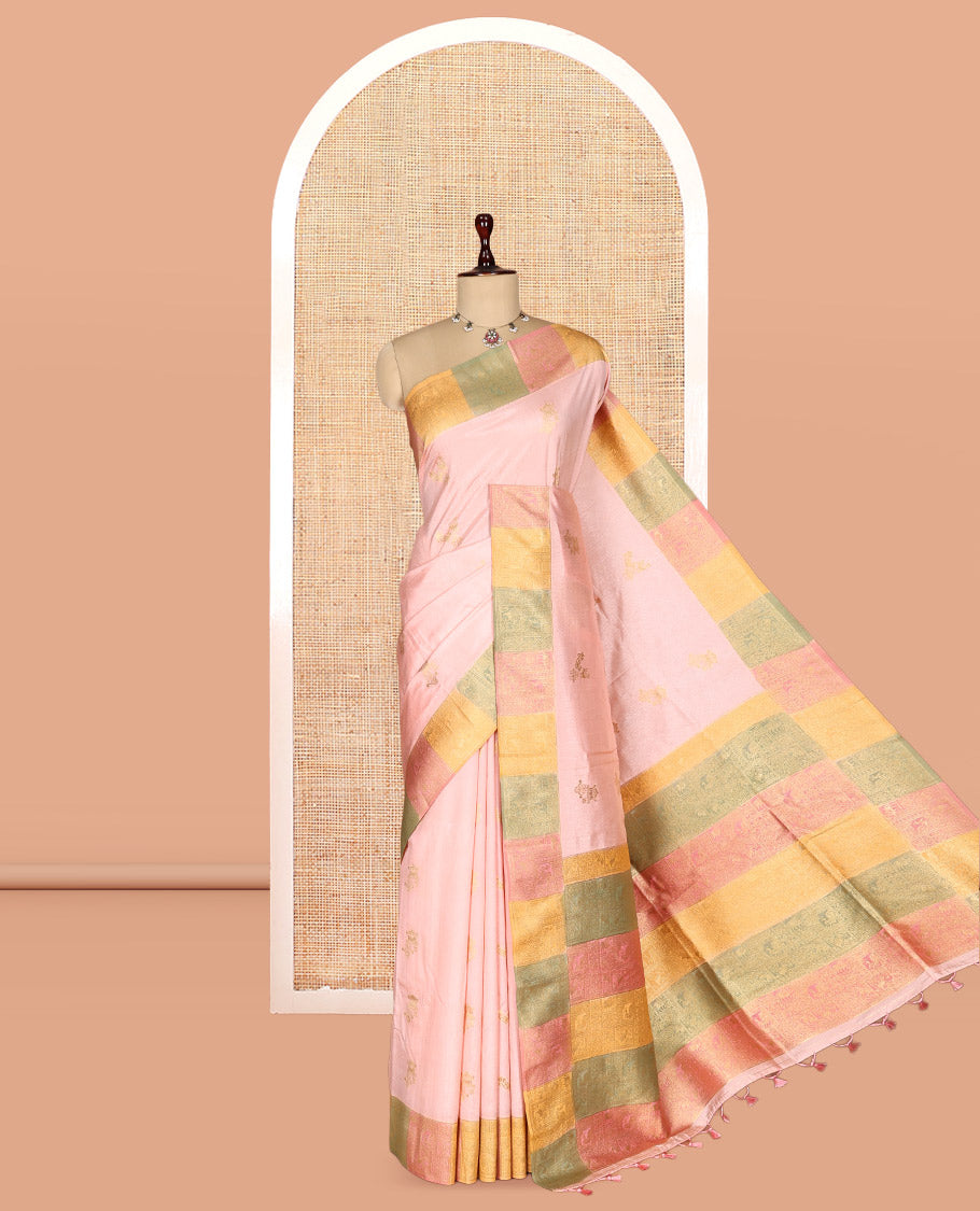 Peach Zari Motifs Fancy Raw Silksaree, Contrast Intricate Zari Border, Matching Blouse