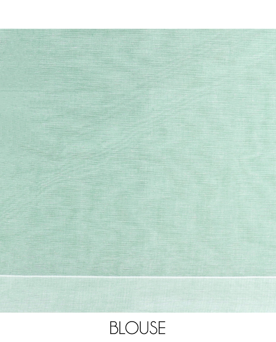 Grey Coimbatore Cotton Saree, Adorned with Scallop Design on Its Body, a Contrast Plain Border, Pallu of Floral Creeper, and Stripes, and Paired with Contrast Blouse