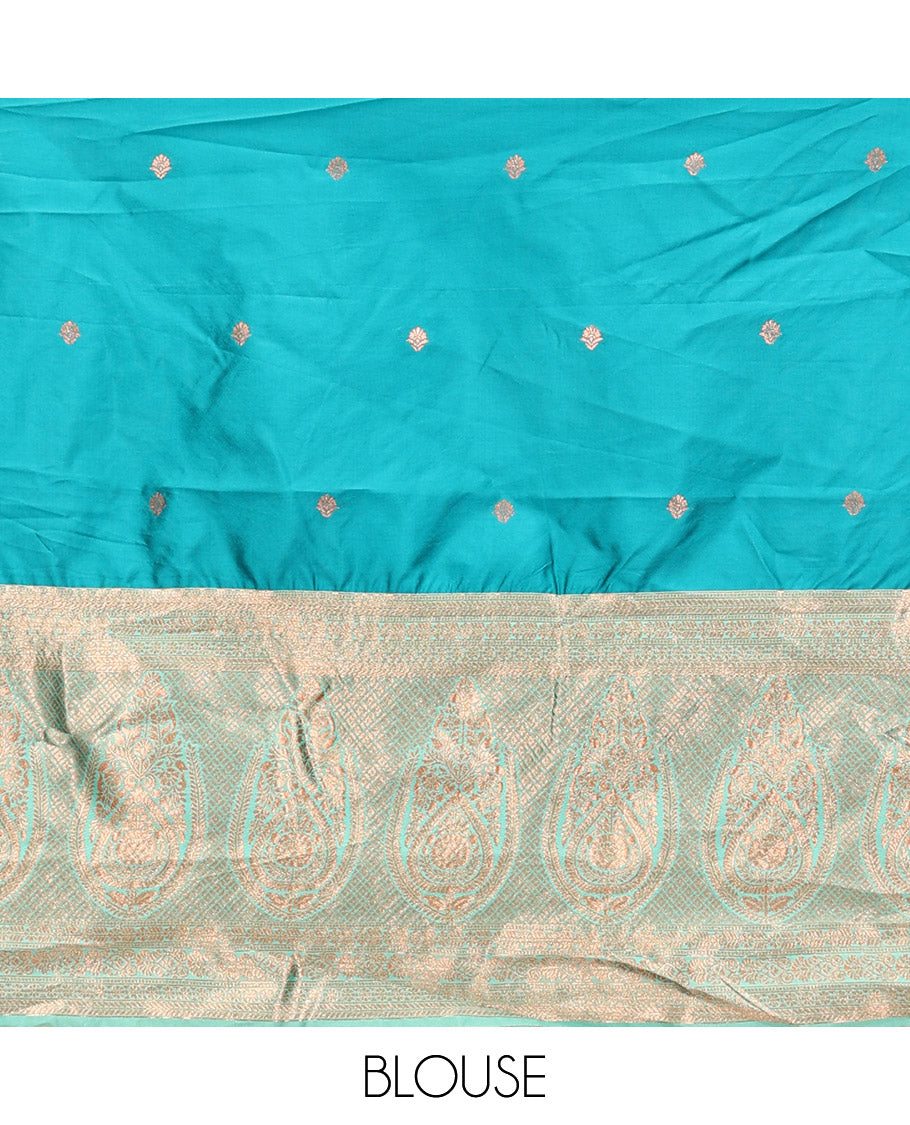Peacock Blue Art Silk Half Saree Features Buttas Steeped Skirt, Complemented by Contrast Traditional Border, Contrast Blouse, and a Embroidery Scallop Dhavani