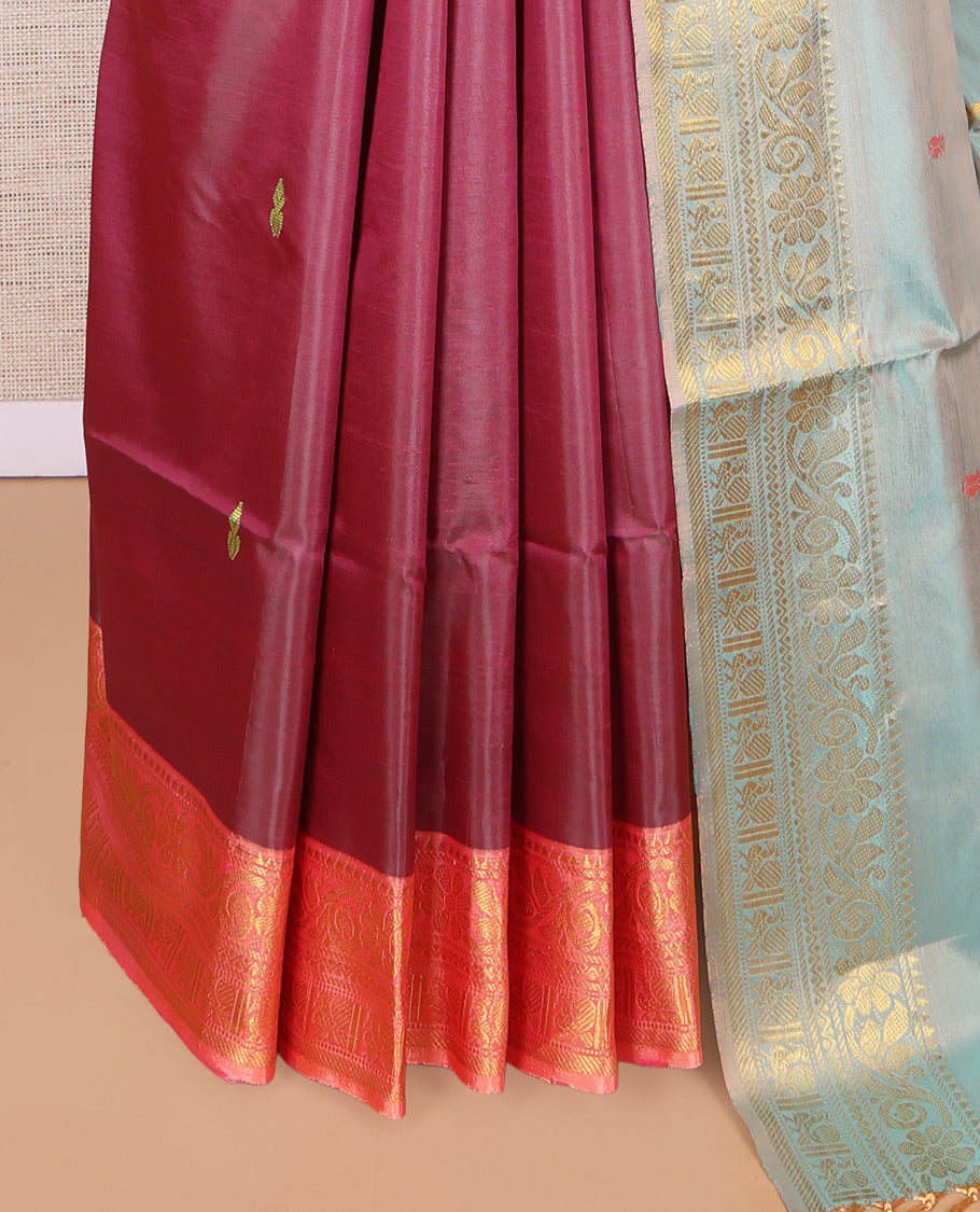 Maroon Banana Pith Saree, Mesmerized with Thread Buttas, a Contrast Traditional Zari Border, Pallu of Buttas, and a Contrast Blouse