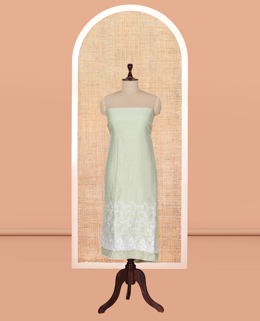 Pista Green Mul Chanderi Material Churidar with Delicate Floral Embroidered Top, a Plain Bottom, and Scallop Embroidered Dupatta
