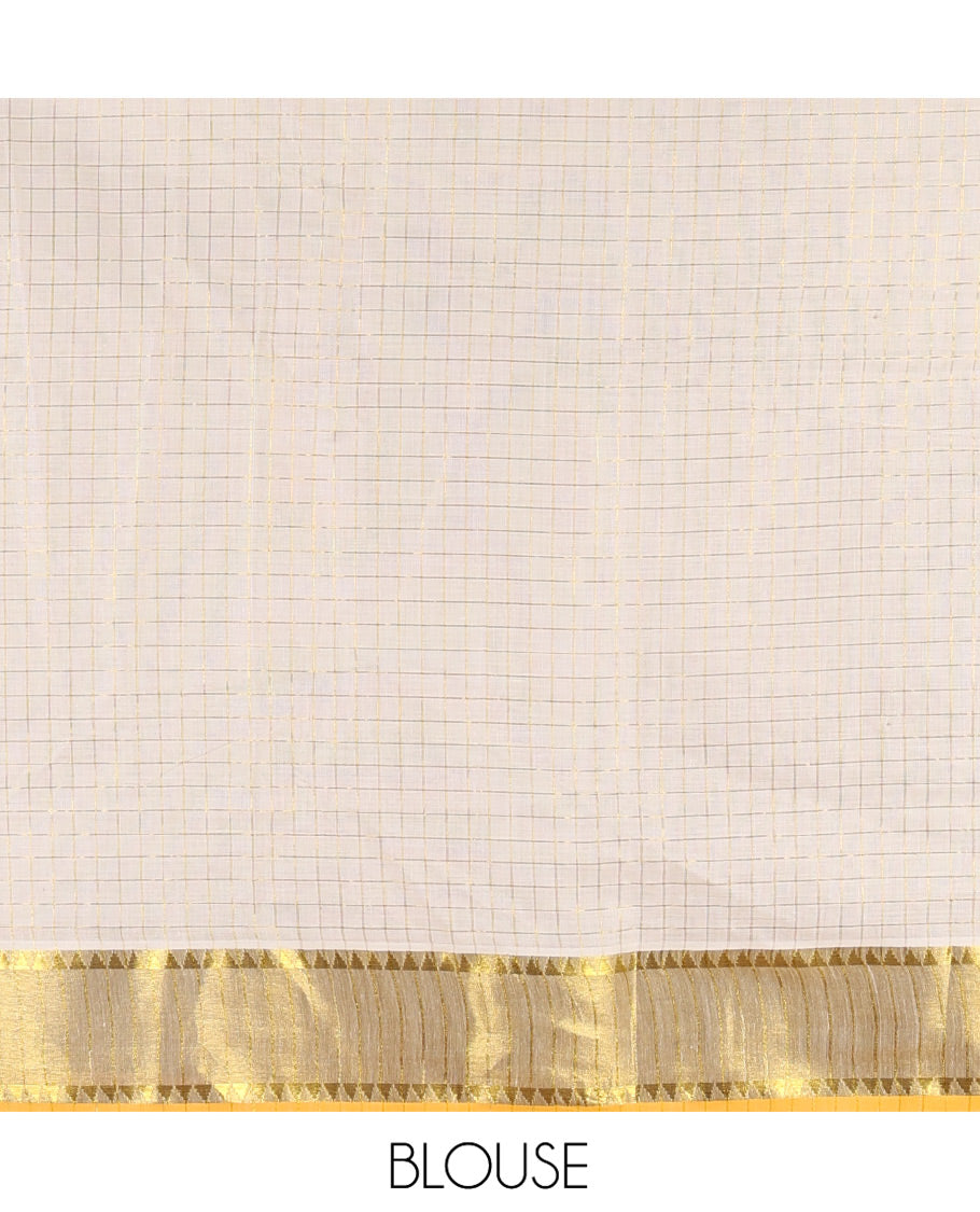 Cream Kerala Cotton Saree, Entralled with Zari Checks and Floral Print, Complemented by Contrast Zari Border, Floral Printed Pallu and a Matching Blouse