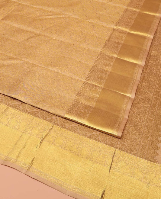 Gold Kanchipuram Wedding Silk Saree, Delicately Woven with Jacquard Design On Its Body, Highlighted by Zari Border of Manga Moklu, Manga, and Mayil Designs, Grand Pallu and Paired with Matching Blouse