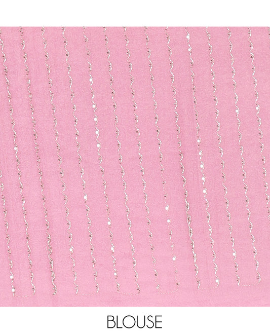 Borderless White-Onion Pink Rangoli Chiffon Saree, Gleamed Up with Foil-Printed Leheriya Stripes, a Contrast Sequins Blouse