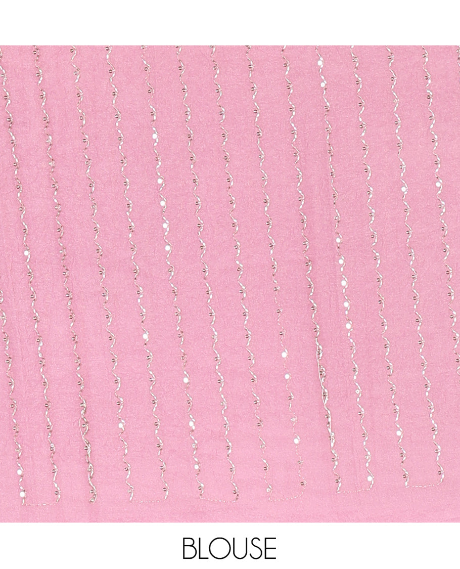 Borderless White-Onion Pink Rangoli Chiffon Saree, Gleamed Up with Foil-Printed Leheriya Stripes, a Contrast Sequins Blouse