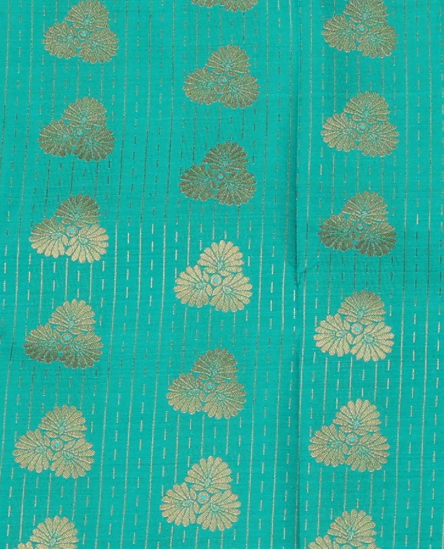 Persian Green Art Silk Pavadai Material Set Featuring Zari Buttas Skirt, Complemented by a Contrast Traditional Zari Design Border, and Paired with a Contrast Blouse