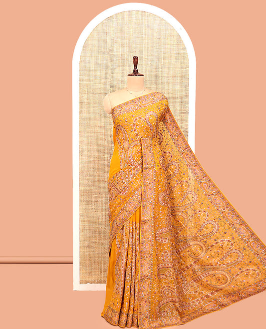 Yellow Designer Saree, Detailed with Floral-Paisley Embroidery, a Embroidered Border, and a Matching Blouse