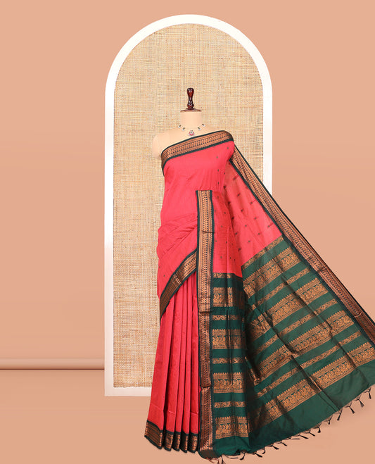 Pink Kalyani Cotton Saree, Woven with Thread Buttas, Complemented by a Contrast Traditional Border, Traditional Pallu, and a Contrast Blouse