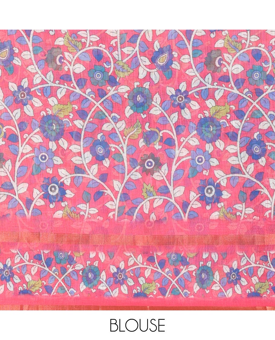 Dark Green Linen Cotton Saree, Adorned with Medium-Size Checks on Its Body, Complemented by a Contrast Kalamkari-Style Floral Printed Border, Pallu of Big Kalamkari Peacock Print, and Paired with a Contrast Floral Printed Blouse