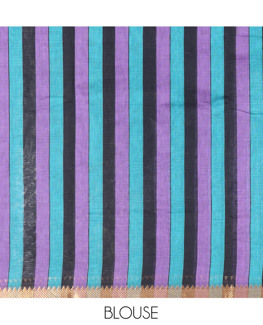 Black Half-And-Half Striped Mangalgiri Cotton Saree, a Temple Border, Striped Pallu, Contrast Blouse