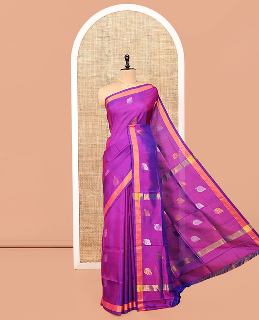 Purple Uppada Silk Saree, Mesmerized with Leaf Buttas, a Subtle Zari Border, Pallu of Leaf Designs, and a Matching Blouse