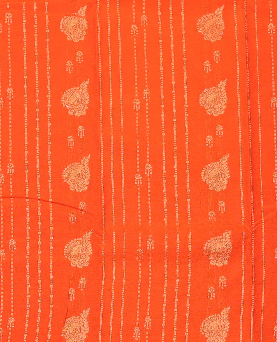 Orange Art Silk Pavadai Material Set, Charmingly Accented with Zari Designs on Its Skirt, Complemented by a Contrast Traditional Zari Design Border, and Paired with a Contrast Blouse
