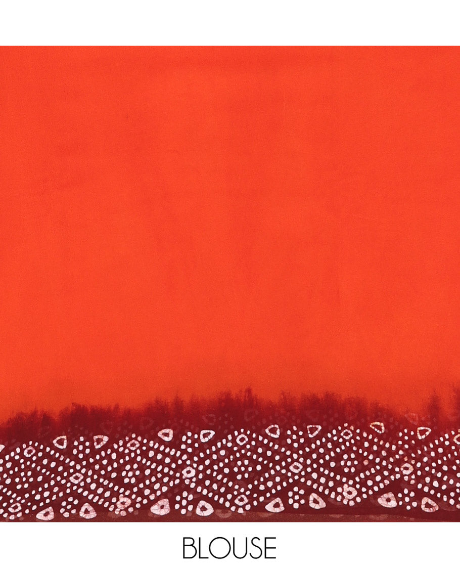 Black-Rust Orange Plain 60 Gm Georgette Saree, Contrast Batik Diamond Printed Border, Batik Printed Pallu, and a Matching Blouse