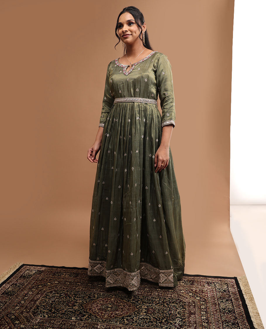 olive green floral embroidered round neck, 3/4 th sleeve, floor length top & floral embroidered dupatta