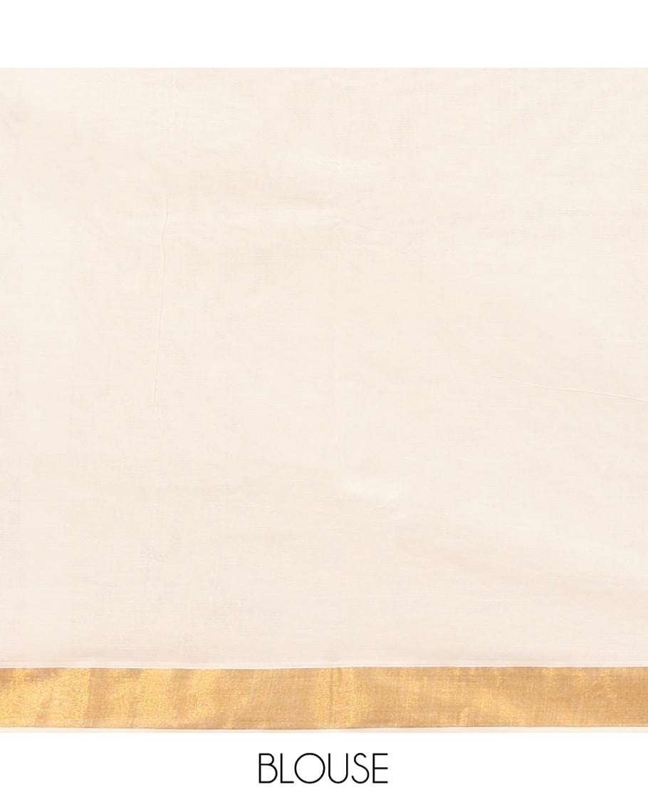 Cream Kerala Cotton Saree, Delicately Woven with Zari Stripes All Over Its Body, a Subtle Bavanji Border, Pallu Depicts Peacock Designs, and Paired with a Matching Blouse