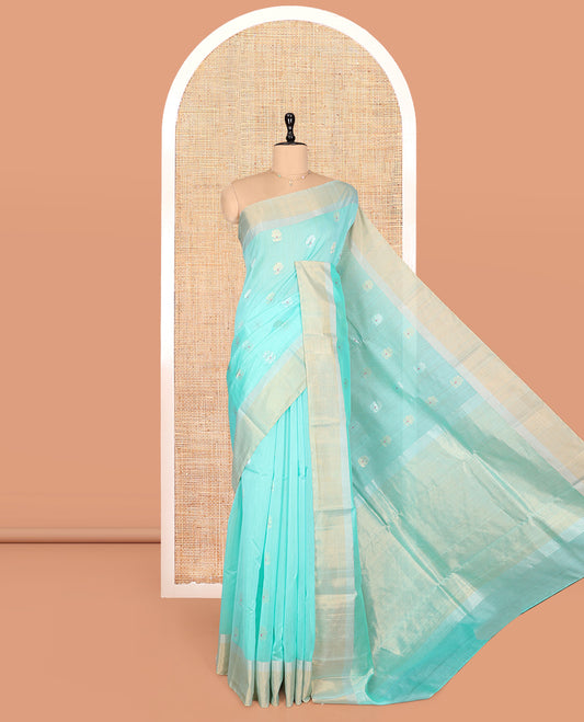 Blue Silk Cotton Saree, Artfully Detailed with Floral Meena Buttas, a Gleaming Bavanji Border, Pallu of Micro-Checks, and a Contrast Blouse