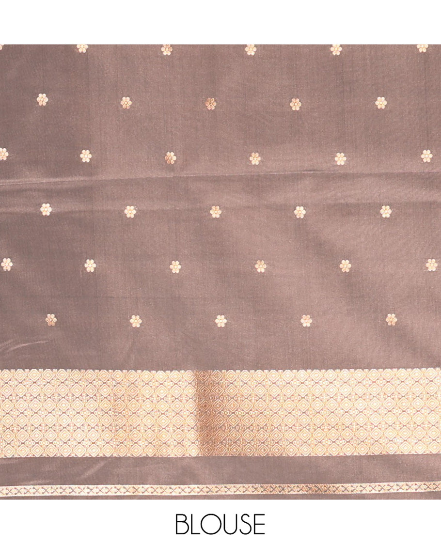 Brown Satin Silk Saree, Adorned with Flora-Fauna Buttas, Tree-Bird Border, Intricate Pallu, Matching Blouse