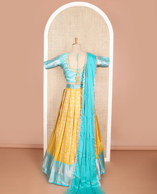 Yellow floral art silk half saree with contrast zari design border, embroidered blouse & floral embroidery dhavani