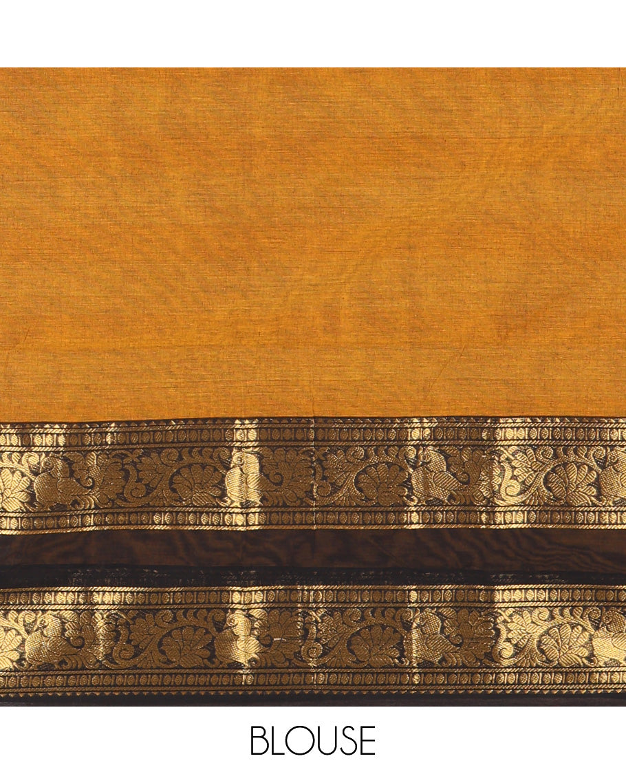 Mustard Chettinad Cotton Saree, Sparsely Woven with Buttas on Its Body, Complemented by a Contrast Rettai Pettu Border of Temple, Peacock, and Floral Creeper Designs, Pallu of Stripes and Buttas, and Paired with a Matching Blouse
