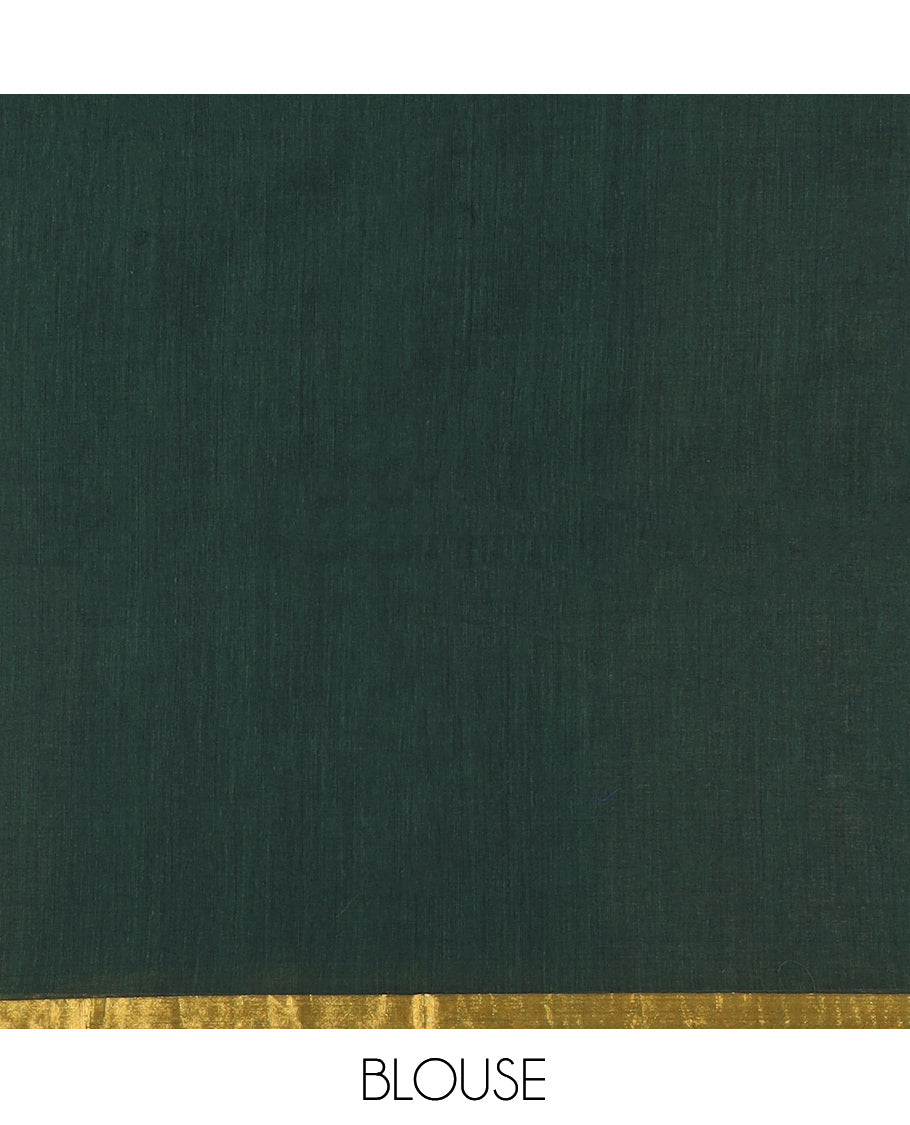 Green Plain Khadi Mul Cotton Saree, a Gold Zari Border, Sequins Striped Pallu, and a Matching Blouse