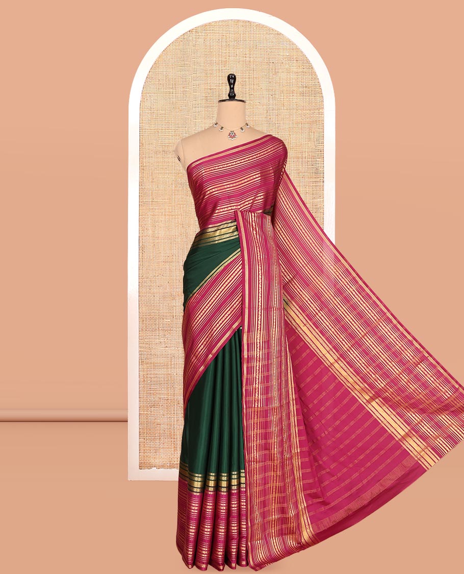 Bottle Green Semi-Mysore Silk Saree, a Contrast Big Traditional Zari Border, Striped Pallu, a Contrast Blouse