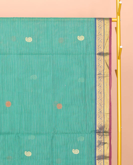 Green Venkatagiri Cotton Saree Sparsely Threaded with Paisley Buttas and Stripes, a Contrast Traditional Zari Border, Pallu of Buttas and Stripes, and No Blouse
