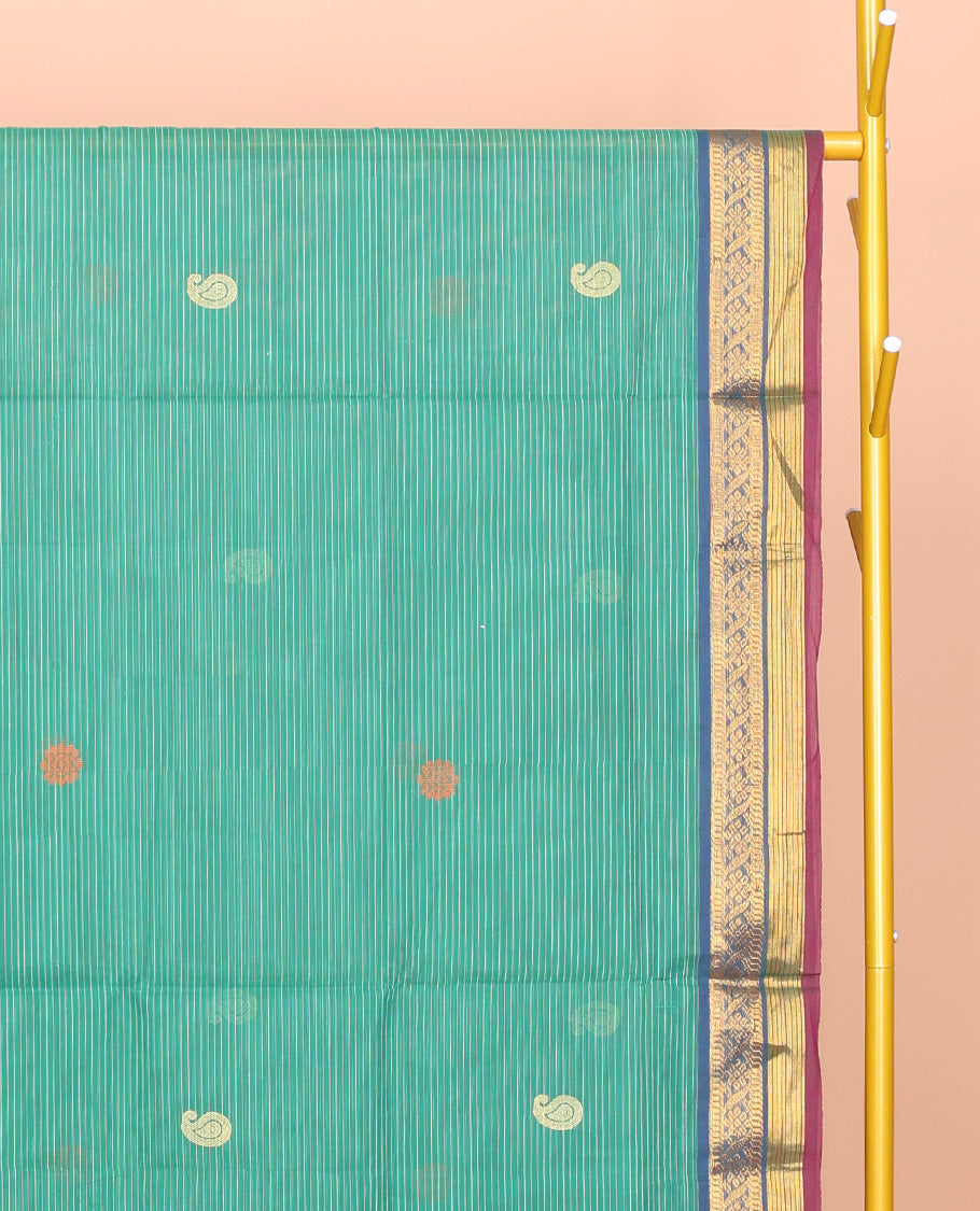 Green Venkatagiri Cotton Saree Sparsely Threaded with Paisley Buttas and Stripes, a Contrast Traditional Zari Border, Pallu of Buttas and Stripes, and No Blouse