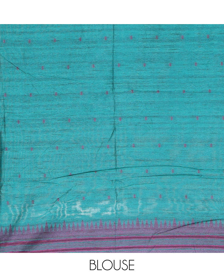 Purple buttas semi-jute saree with contrast temple border, thread striped pallu, and a contrast thread buttas blouse