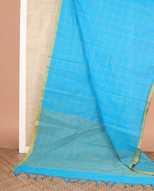 Blue Sparsely Checked Mangalagiri Cotton Saree Complemented by a Contrast Border, and Self-Pallu of Stripes