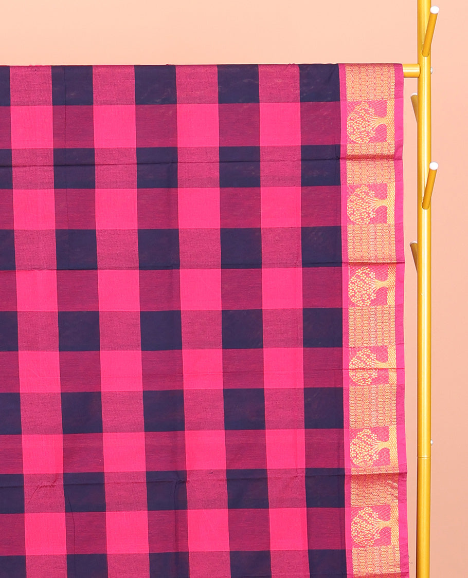 Blue-Pink Chettinad Cotton Saree, Woven with Checks, Highlighted by Tree Motifs Zari Border, Pallu of Stripes, and No Blouse