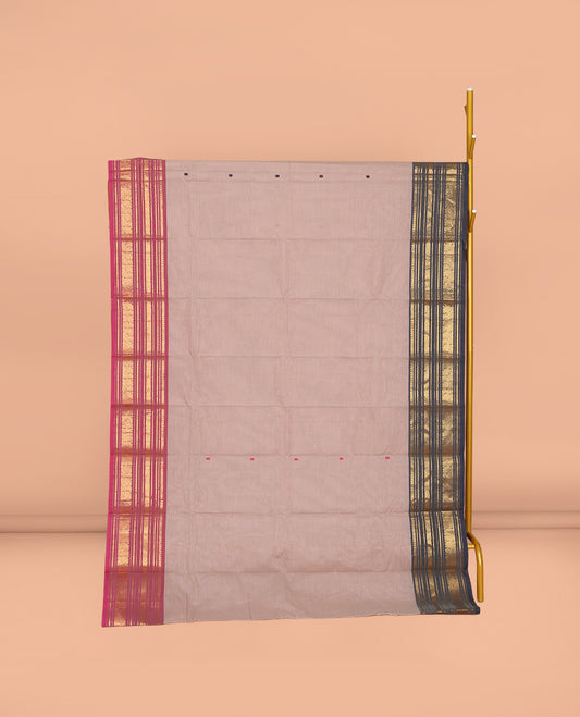 Grey Chettinad Cotton Saree, Accentuated with Thread Buttas All Over Its Body, Complemented by a Contrast Traditional Zari Design Woven Ganga-Jamuna Border, Pallu of Stripes, and Paired with a Matching Blouse