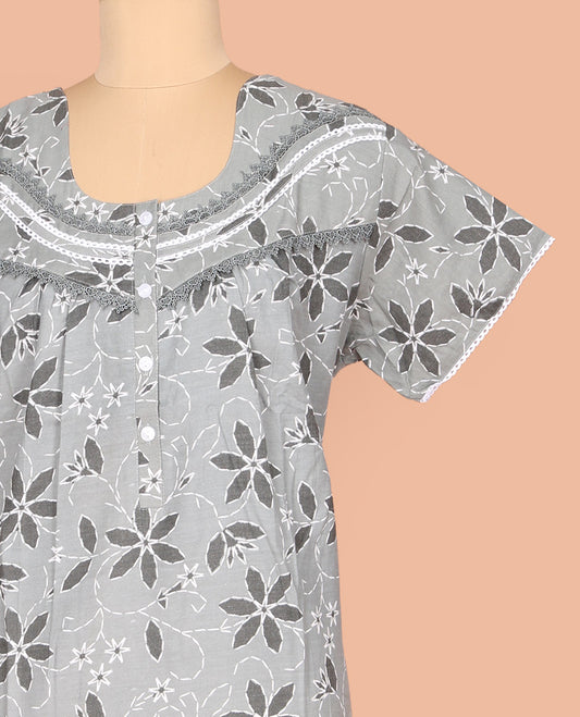 Grey Cotton Nighty Adorned with Floral Print, Featuring Lace Work, Round Front Neck, and Half  Sleeves
