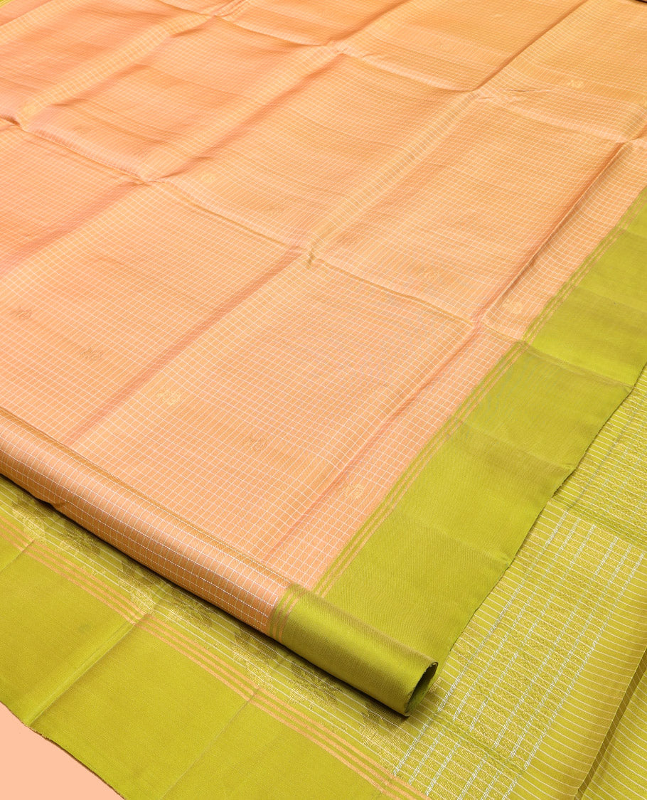 Peach Mayuri Lite Silk Mix Saree, Subtly Sparkled With Zari Buttas and Checks, Complemented by Contrast Border, Intricate Pallu and a Contrast Blouse