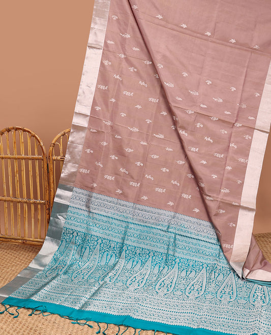 Brown soft silk saree with leaf buttas, bavanji border & contrast pallu of intricate designs